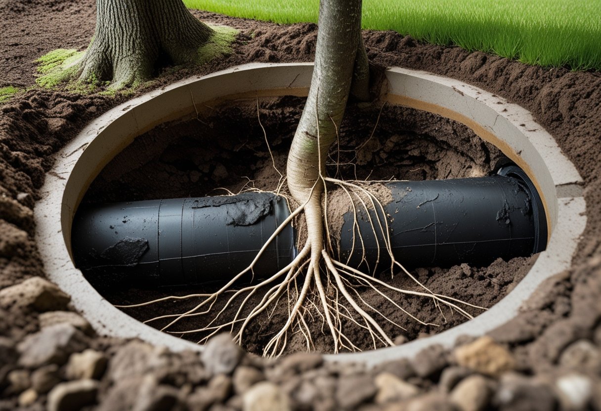 The Impact of Tree Roots on Your Sewer Line Health and How to Prevent Costly Damage 2 Underground view of tree roots growing around and damaging a residential sewer pipe beneath a grassy yard.