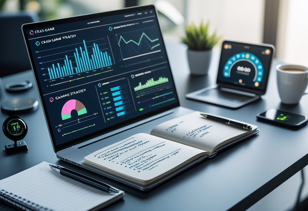 A workspace with a laptop showing graphs, a notebook with notes, a smartphone displaying a game interface, and a cup of coffee on a desk.