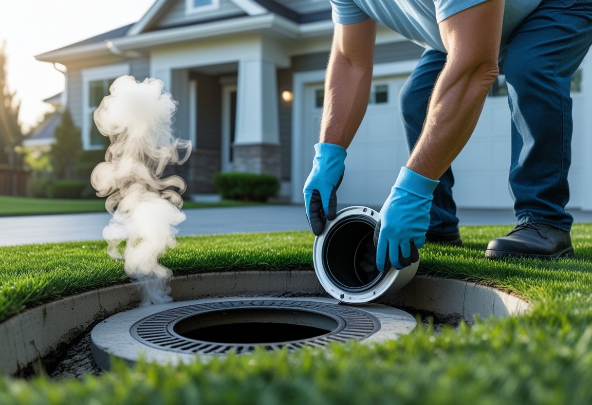 Strange Odors: A Sign Your Sewer Line Needs Attention And How To Address It 1 A person inspecting an open sewer cleanout pipe outside a house with faint vapor rising.