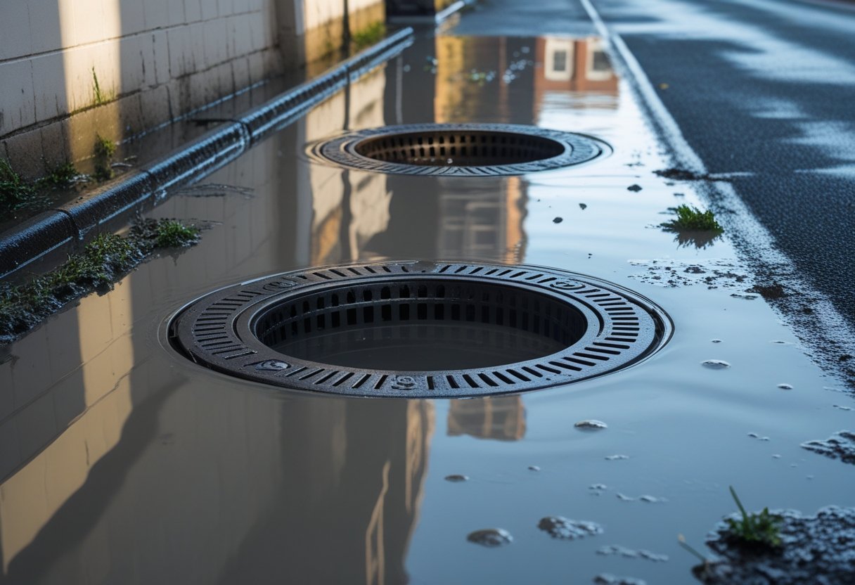 Changes In Water Levels As A Sign Of Sewer Issues And What They Reveal About Your Plumbing System 3 A flooded urban street with water around sewer grates, showing signs of water level changes and potential sewer problems.