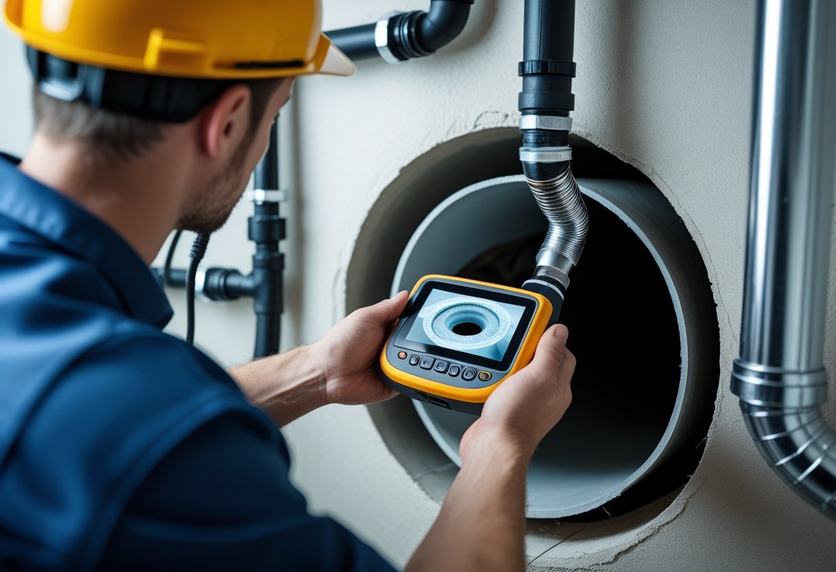 Gurgling Sounds: Understanding Sewer Line Issues and Their Causes 1 A plumber inspecting the inside of a sewer pipe with a handheld camera in a home basement.