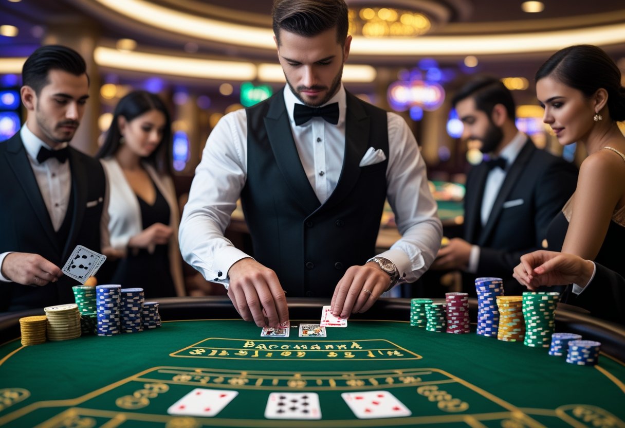 A baccarat table with cards, chips, a dealer, and players focused on the game in a casino setting.