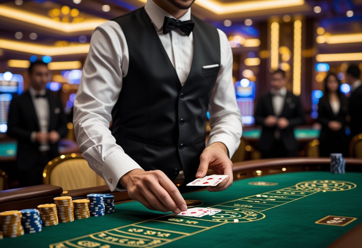 A dealer deals cards at a baccarat table with players watching in a casino setting.