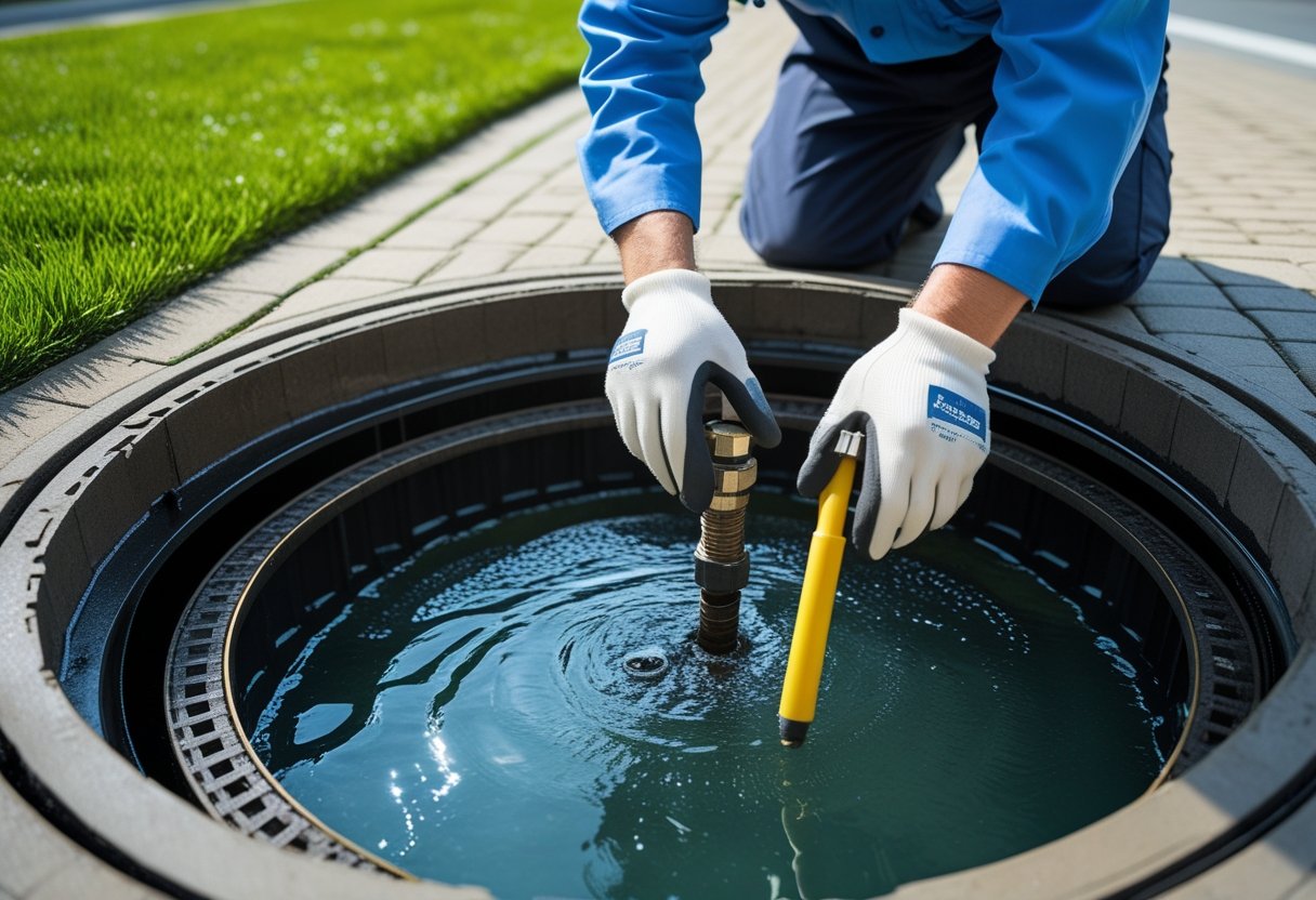A plumber inspecting a sewer line through an open manhole outdoors with tools in hand.