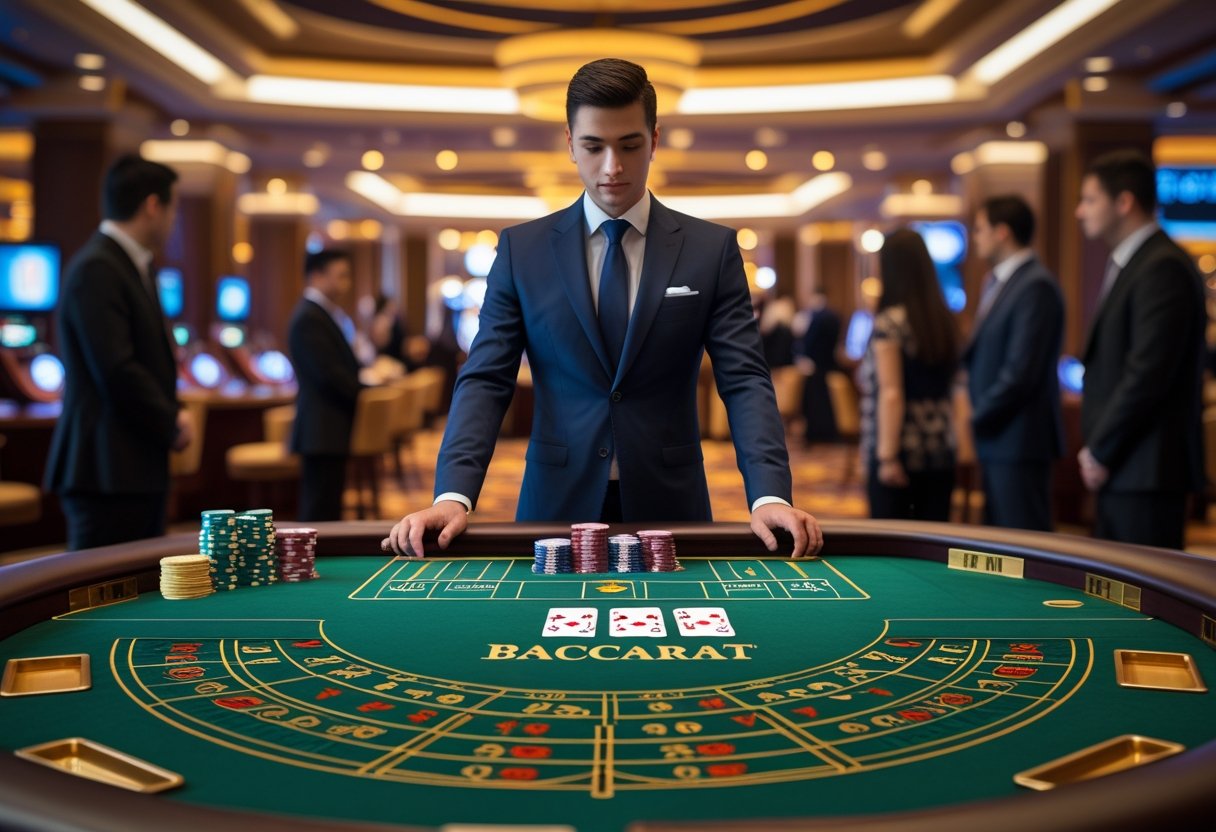 A dealer standing behind a baccarat table with playing cards and chips, surrounded by players in a casino setting.