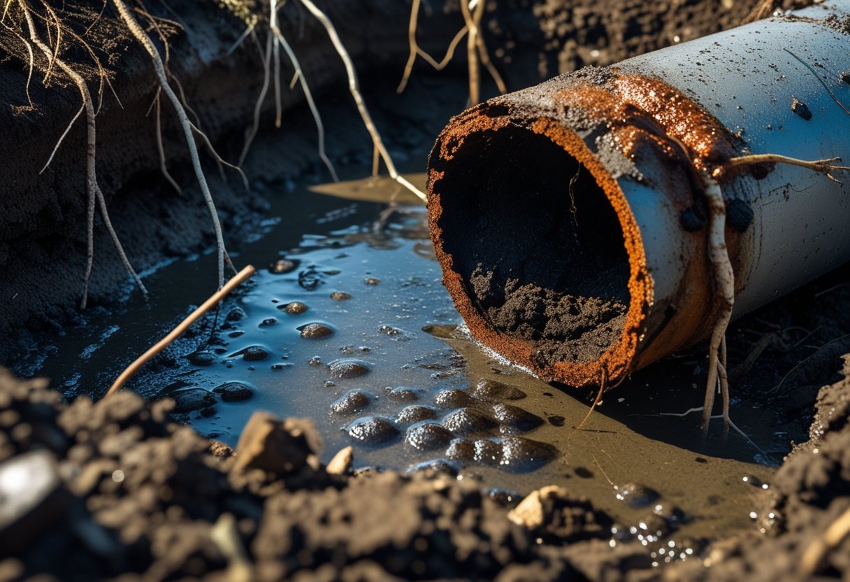 Visual Clues That Indicate Sewer Line Failure And How To Identify Them Early 1 Close-up of a cracked and leaking underground sewer pipe with roots and damp soil surrounding it.