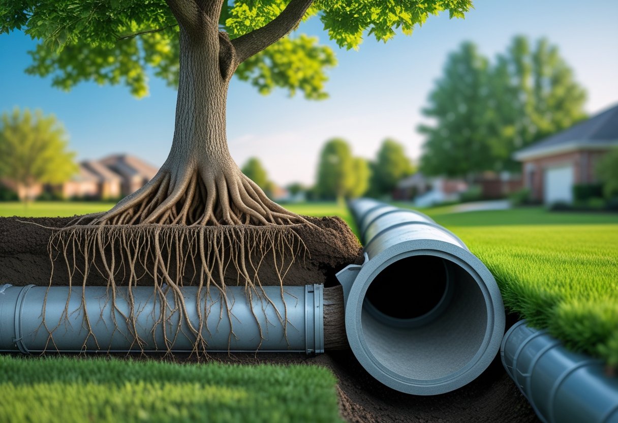 The Role Of Trees In Sewer Line Damage Prevention And Sustainable Urban Infrastructure 1 A mature tree with roots surrounding but not damaging underground sewer pipes in a suburban yard.