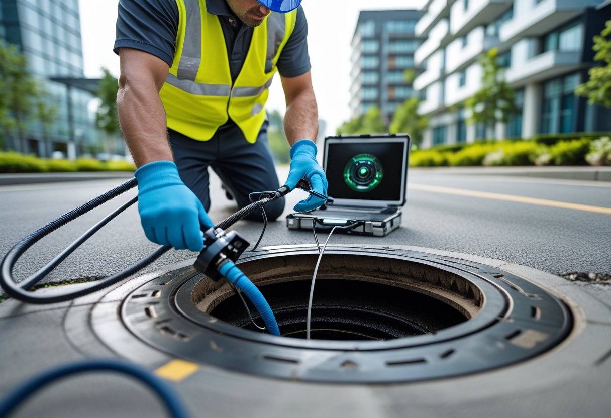 How Regular Inspections Can Prevent Serious Sewer Issues And Protect Long-Term Infrastructure 1 Technician operating a sewer inspection camera near a manhole on a city street.