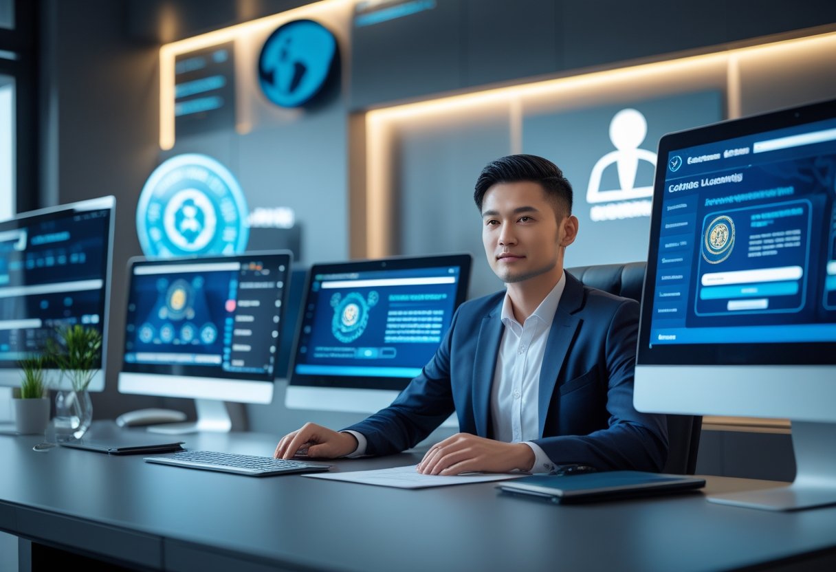 A business professional working at a desk with multiple computer screens showing digital casino interfaces and legal documents in a modern office.