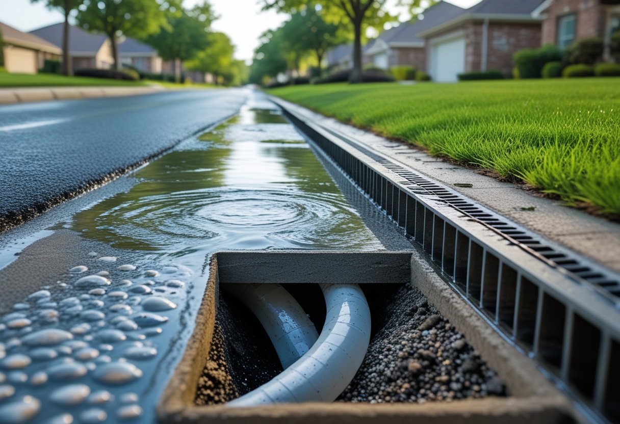 A residential street with clear rainwater flowing into storm drains and a cross-section showing protected sewer pipes underground.