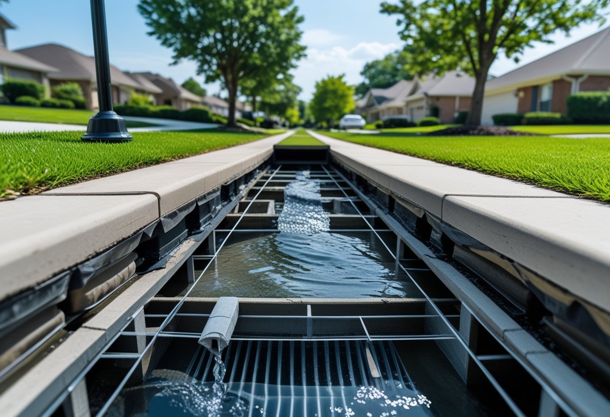 A residential street with storm drains and an underground view of clear sewer pipes showing water flowing smoothly.