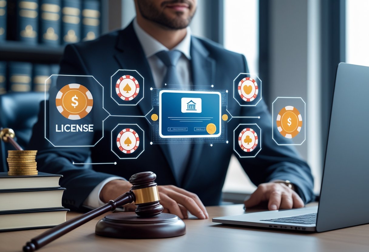 A business professional in an office with multiple screens showing casino graphics and a digital license icon, surrounded by legal books and a laptop.