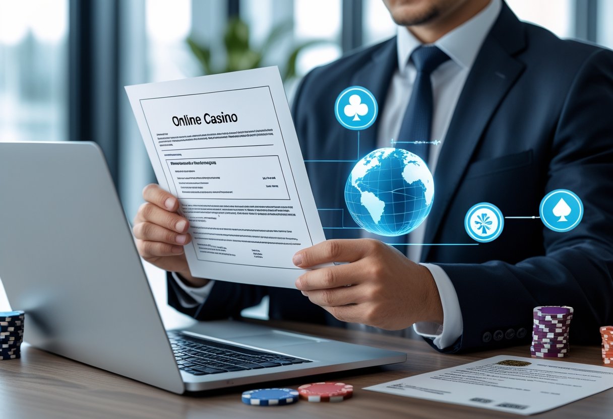 A business professional reviewing documents on a laptop in an office with casino-related icons around.