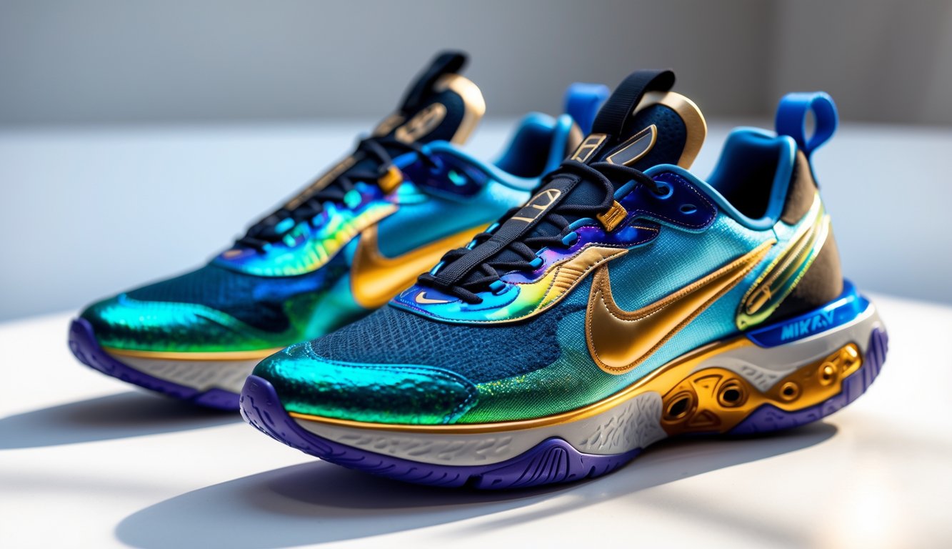 Sepasang sepatu Nike terbaru warna biru dan hijau dengan desain elegan diletakkan di atas permukaan putih.