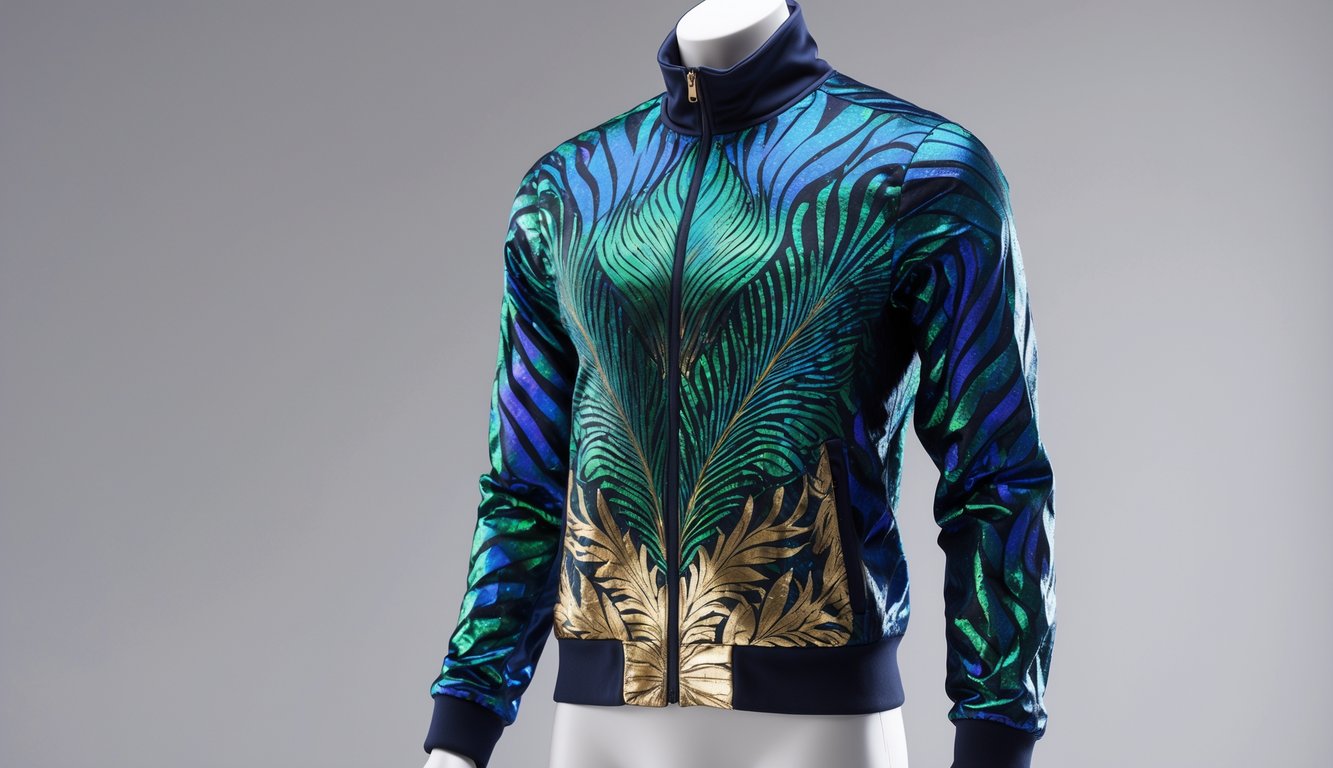 Jaket olahraga Nike edisi 2025 dengan motif bulu merak berwarna biru dan hijau dipajang di atas manekin dengan latar belakang polos.