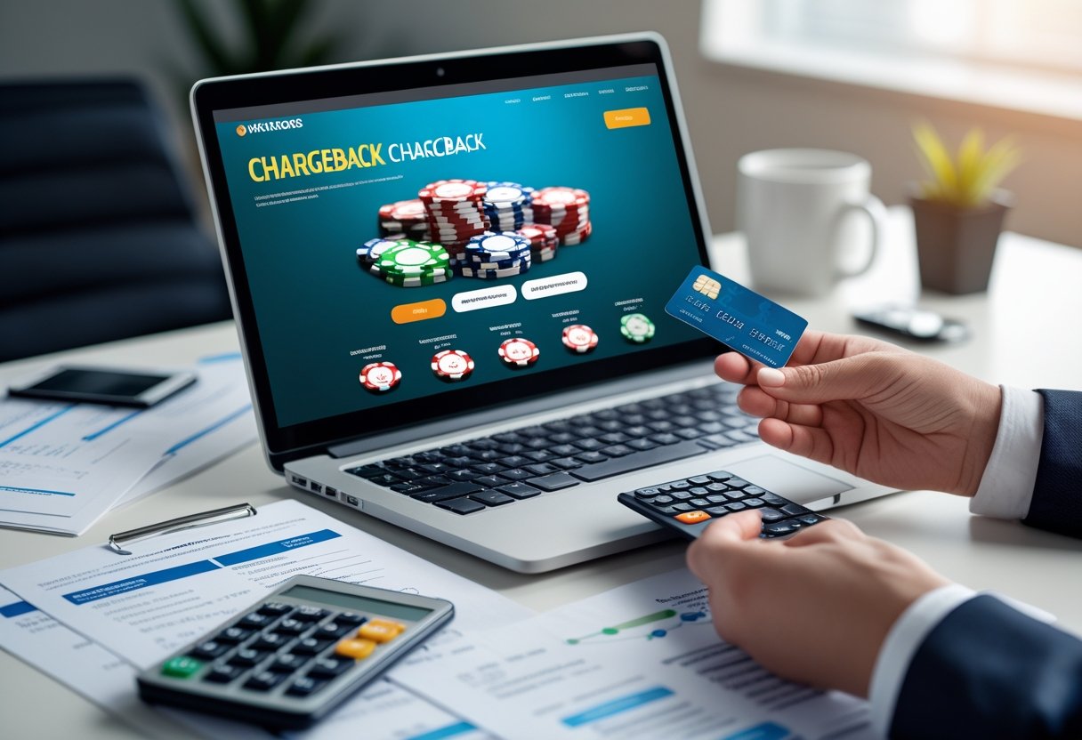 A person holding a credit card near a laptop displaying an online gambling website, with financial documents and a smartphone on the desk.