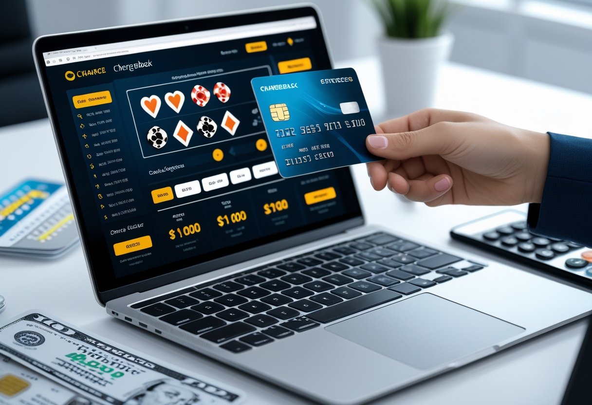 A person holding a credit card in front of a laptop showing an online gambling website, with financial documents and a smartphone nearby.