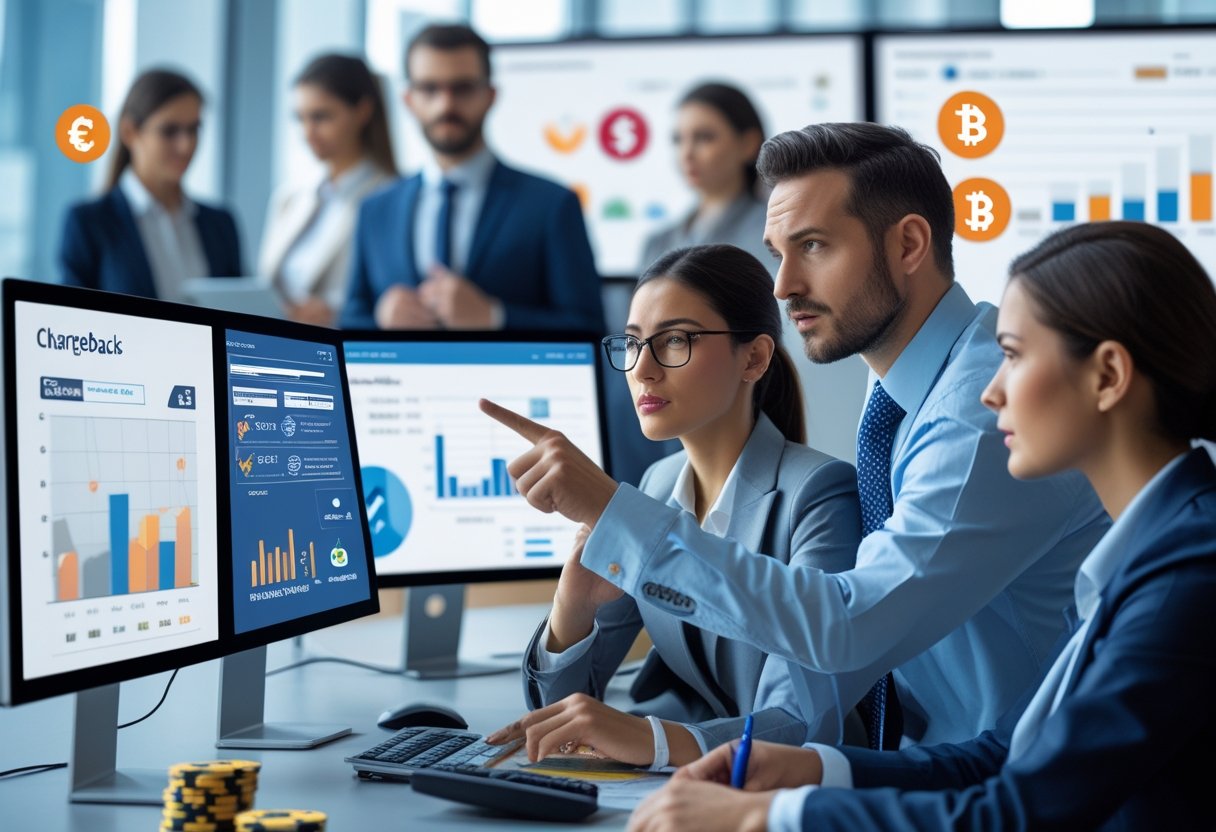 A group of professionals in an office reviewing data on computer screens related to online gambling transactions.