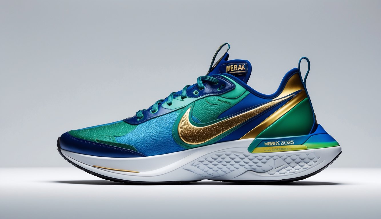 Sepasang sepatu Nike Merak 2025 berwarna biru dan hijau dengan desain modern dipajang di latar belakang putih.