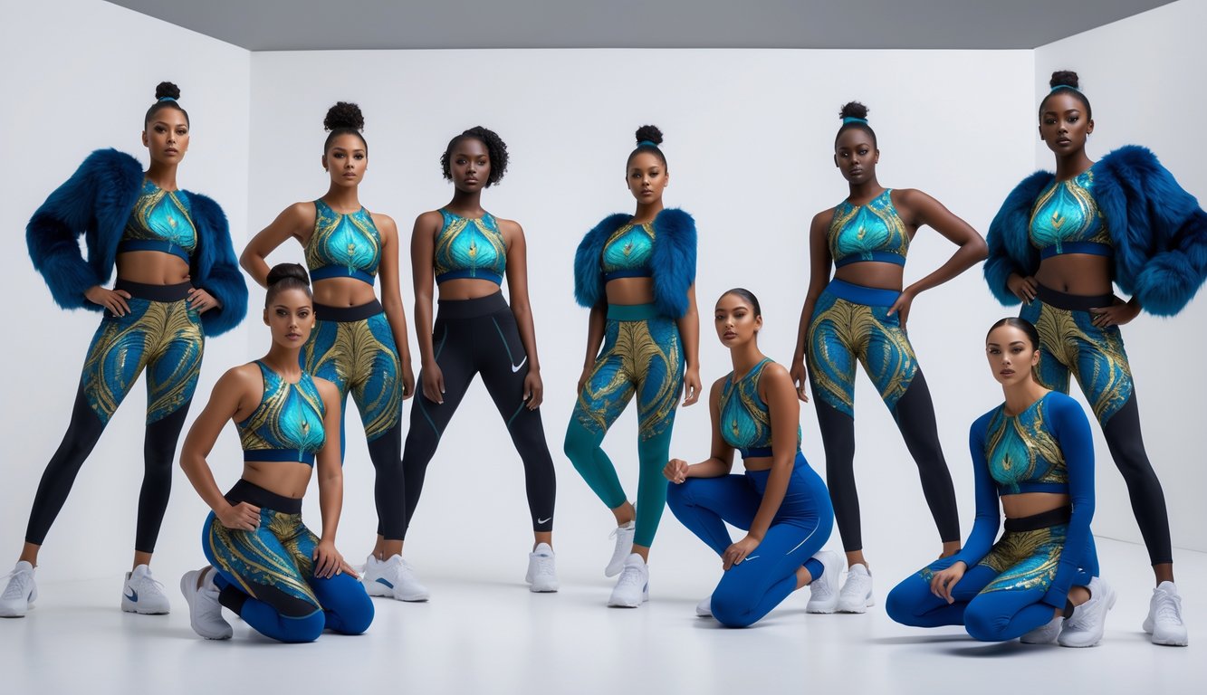 Sekelompok orang mengenakan pakaian olahraga Nike dengan motif bulu merak berwarna cerah di studio dengan latar belakang putih.