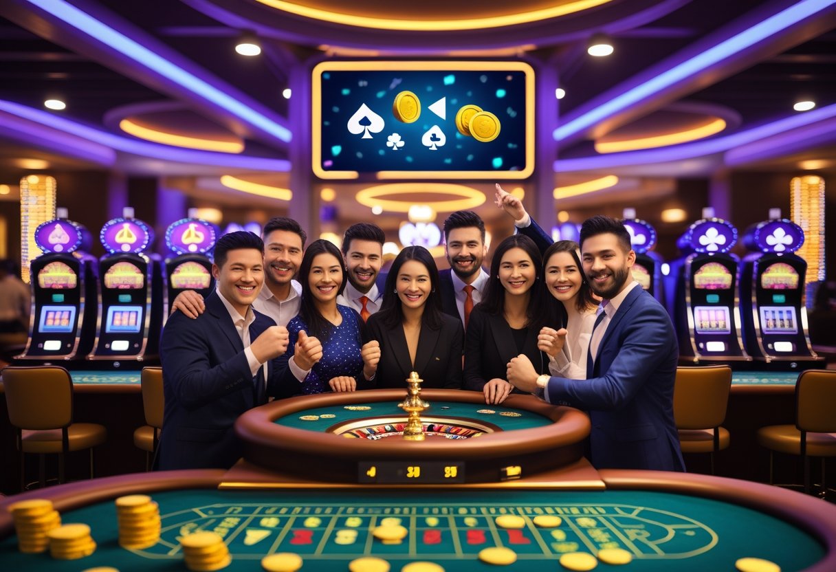 A lively casino scene with people enjoying slot machines and roulette tables surrounded by glowing chips and coins.