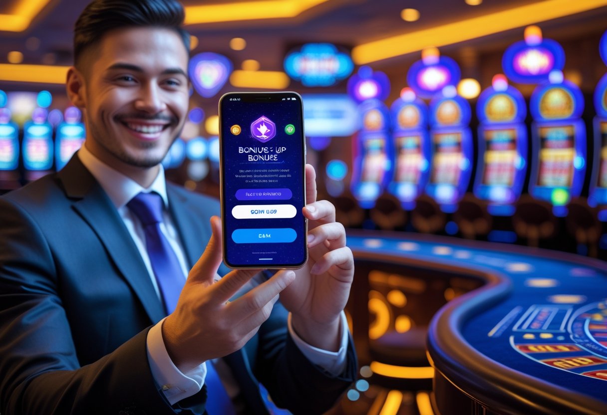 A person holding a smartphone showing a casino app with slot machines in the background inside a casino.