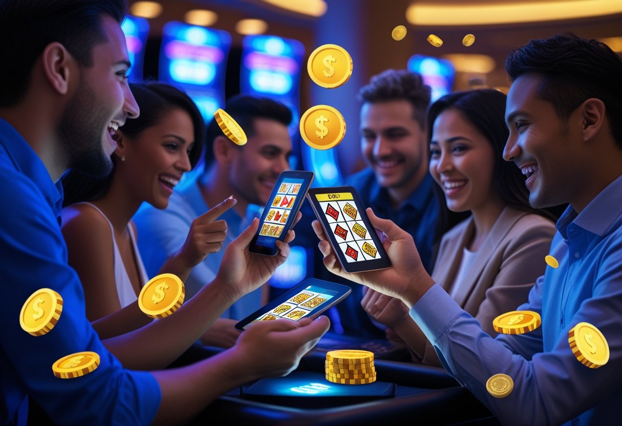 A group of diverse people using smartphones and tablets in a casino setting with chips and coins around them.