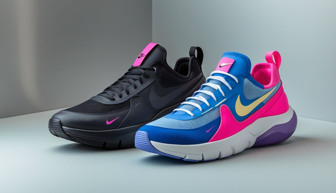 Sepasang sepatu Nike Merak terbaru untuk pria dan wanita ditampilkan berdampingan dengan latar belakang polos.