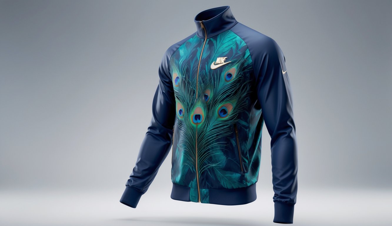 Jaket olahraga dengan motif bulu merak berwarna biru dan hijau dipajang di studio dengan latar belakang netral.