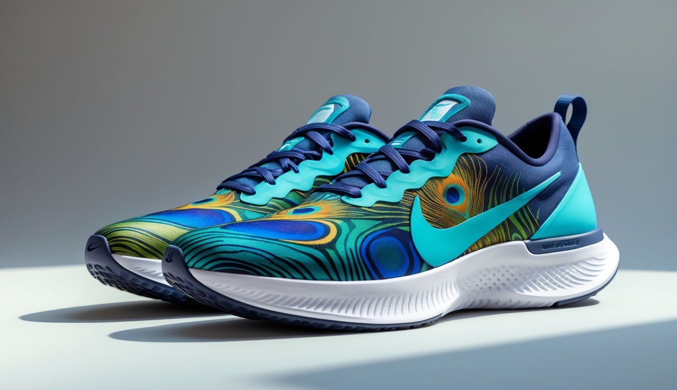 Sepasang sepatu olahraga Nike dengan pola bulu merak berwarna biru dan hijau, diletakkan di atas latar belakang netral.