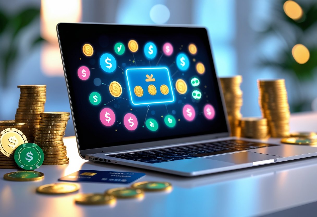 A laptop on a desk surrounded by coins, casino chips, and a credit card, symbolizing bonuses and rewards.