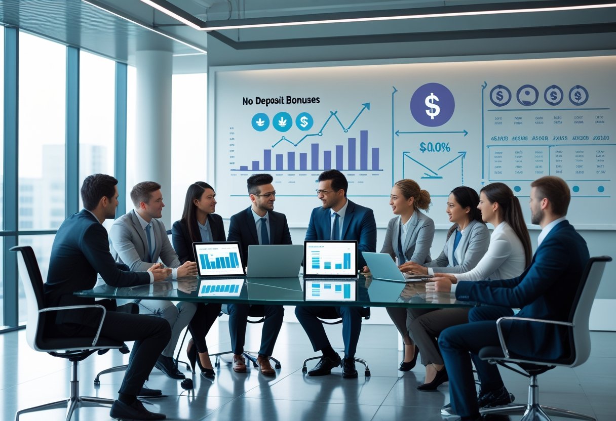 A group of professionals discussing financial data around a glass table in a bright office.