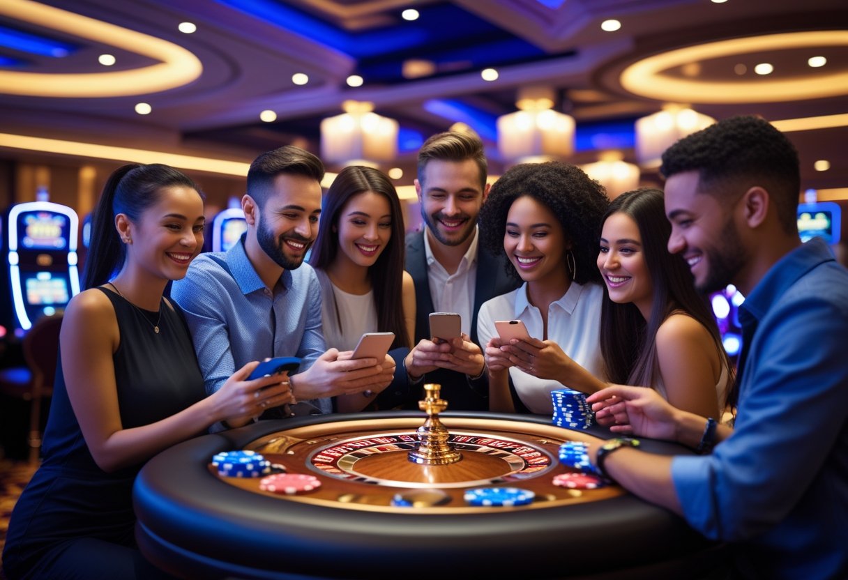 People enjoying a casino environment with gaming tables and slot machines, interacting with smartphones and tablets.