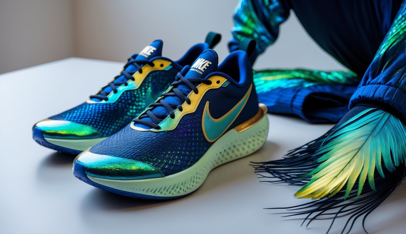 Sepasang sepatu dan pakaian Nike dengan warna biru, hijau, dan emas yang terinspirasi dari bulu merak, ditata di atas permukaan bersih dengan latar belakang minimalis.