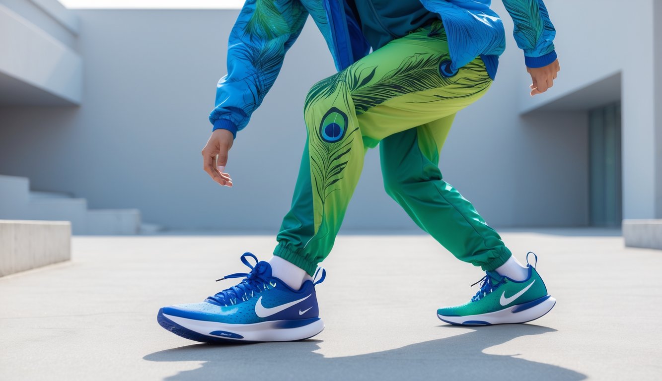 Seorang atlet mengenakan jaket dan sepatu Nike berwarna biru dan hijau dengan latar kota minimalis.