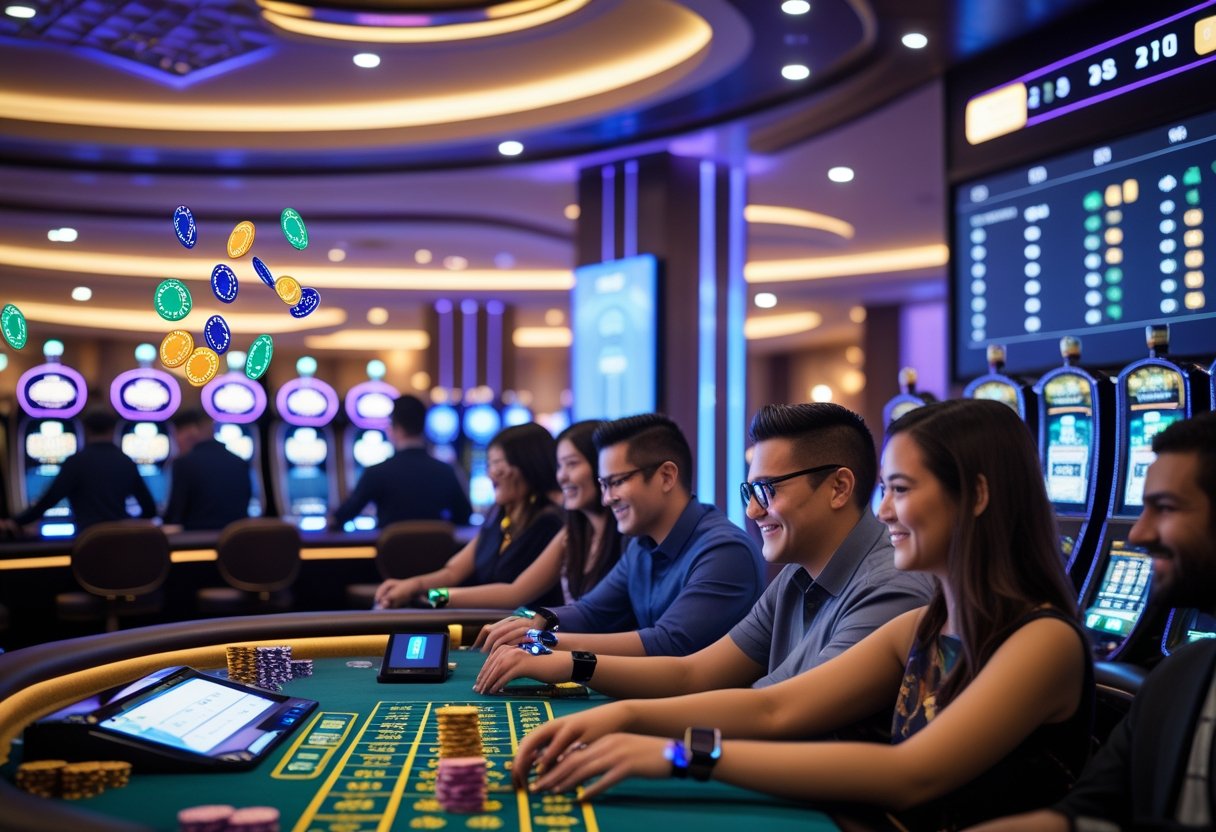 People playing casino games with digital devices and interactive screens in a modern casino setting.