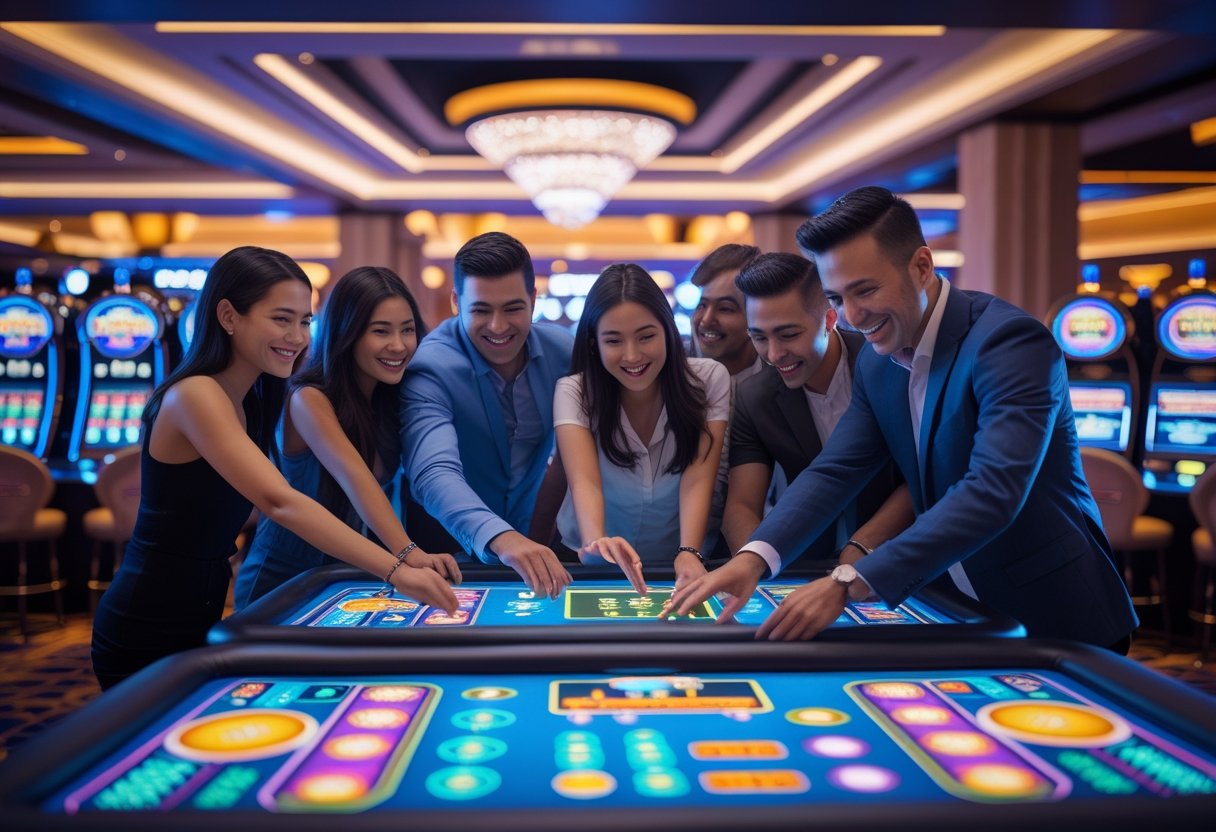 People interacting with digital gaming tables and slot machines in a lively casino setting.