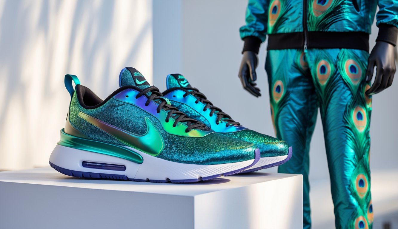 Sepasang sepatu dan pakaian olahraga Nike dengan warna dan pola terinspirasi bulu merak, dipajang di latar belakang terang tanpa teks.