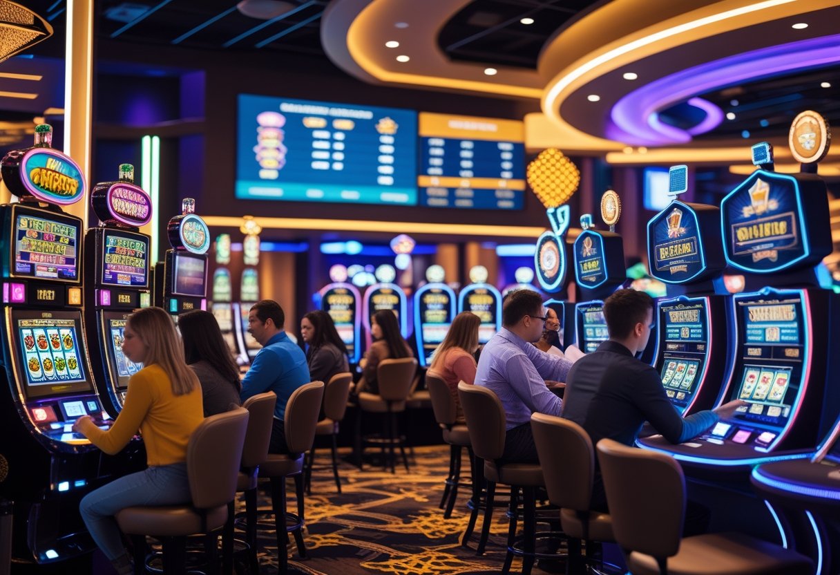 A lively casino scene with people playing slot machines and interacting with digital leaderboards and touchscreens displaying game progress and rewards.