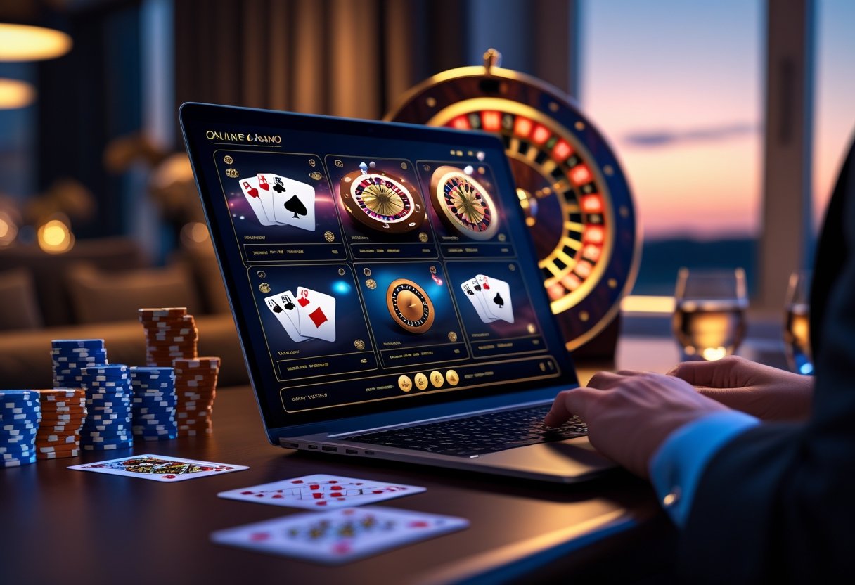 A computer screen showing online blackjack, roulette, and poker games with poker chips and a roulette wheel nearby in a cozy room during twilight.