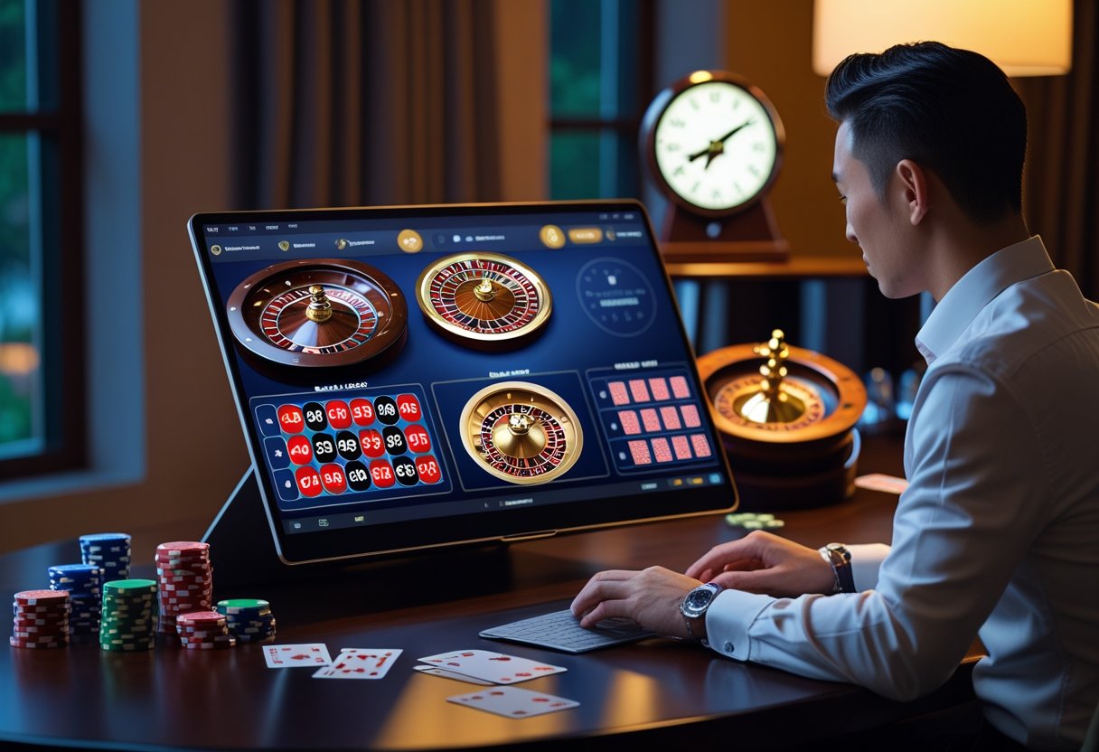 An adult playing online blackjack, roulette, and poker on a laptop with a clock nearby, surrounded by poker chips and cards on a wooden table.