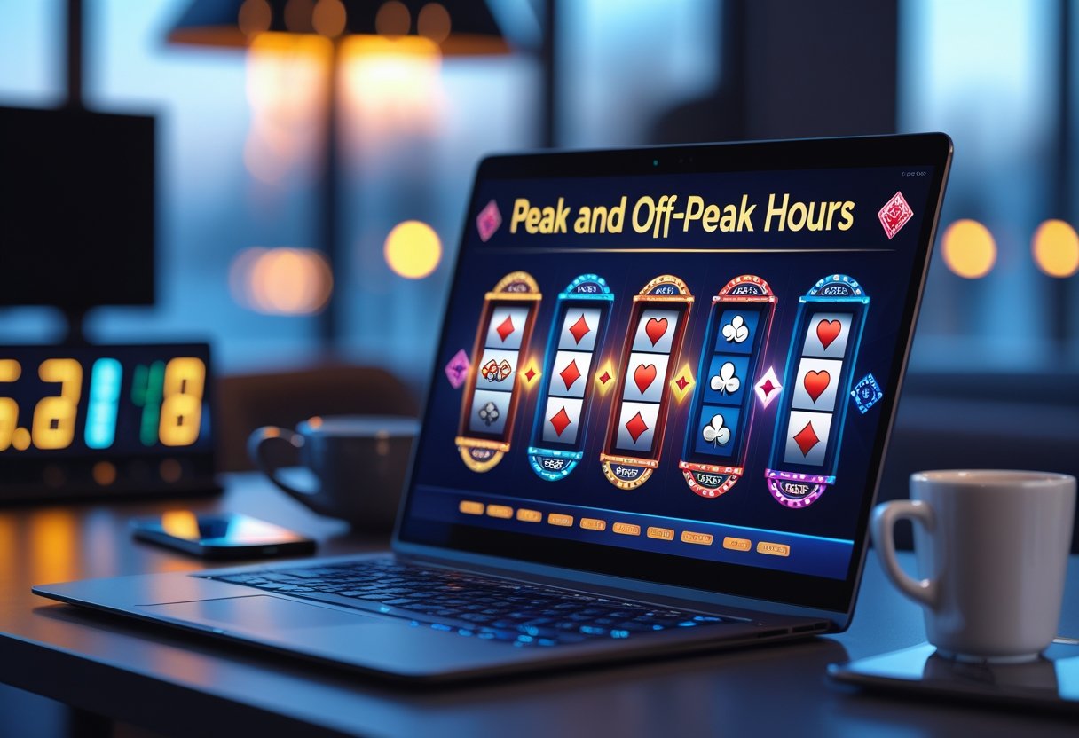 A computer screen showing online blackjack, roulette, and poker games with lighting suggesting different times of day and casual gaming accessories nearby.