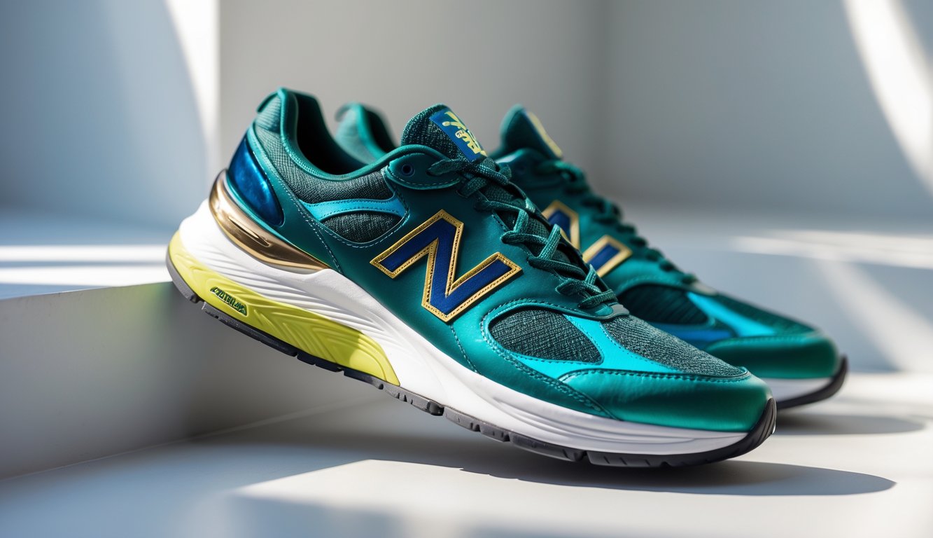 Sepasang sepatu New Balance model terbaru 2025 dengan warna biru dan hijau yang cerah, diletakkan di atas permukaan putih dengan latar belakang minimalis.