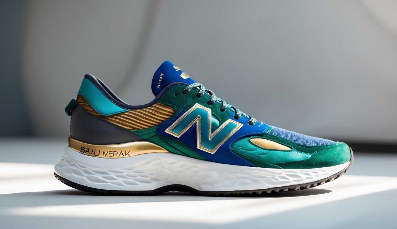 Sepatu New Balance edisi 2025 dengan warna biru dan hijau yang cerah, diletakkan di atas permukaan putih bersih.