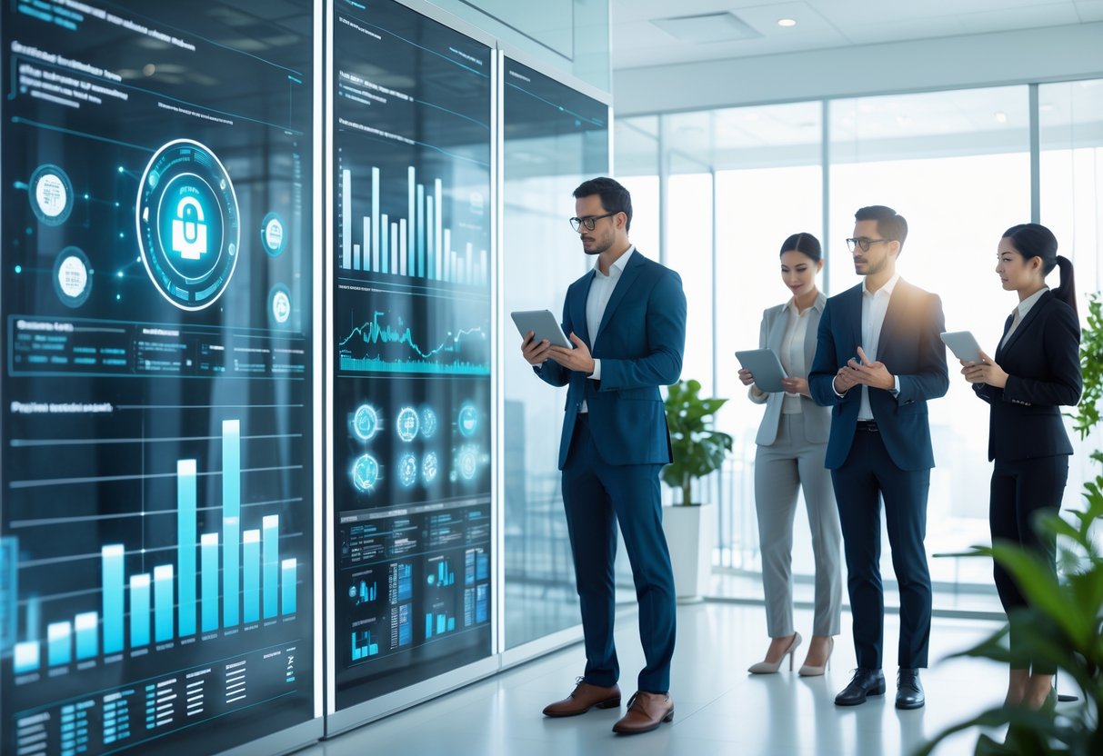 Des professionnels en réunion dans un bureau moderne, analysant des données sur des écrans numériques transparents avec des graphiques et des visualisations de données.