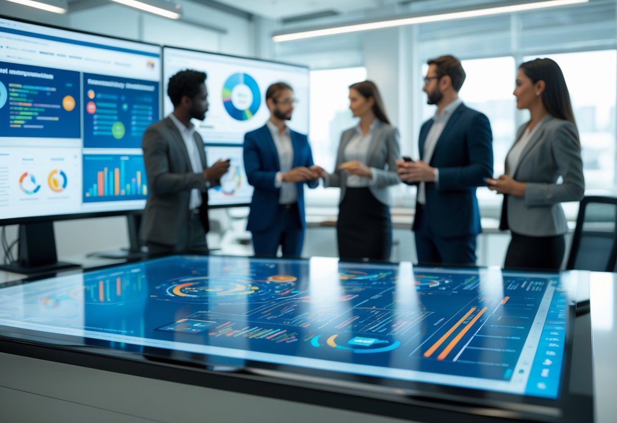 Des professionnels collaborent autour d'une table numérique affichant des graphiques et des données pour l'analyse des attributions de marchés publics.