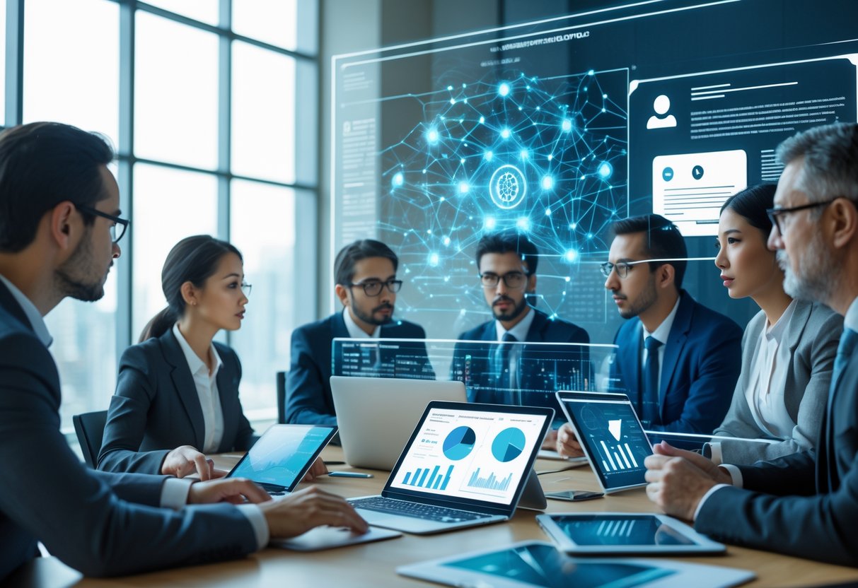 Des professionnels discutant autour d'une table avec des ordinateurs affichant des données, un écran montrant des motifs d'intelligence artificielle et des documents juridiques en arrière-plan.