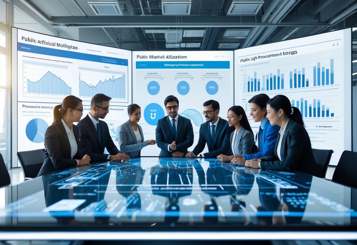 Des professionnels collaborant autour d'une table numérique affichant des données d'attribution de marchés publics dans un bureau moderne.