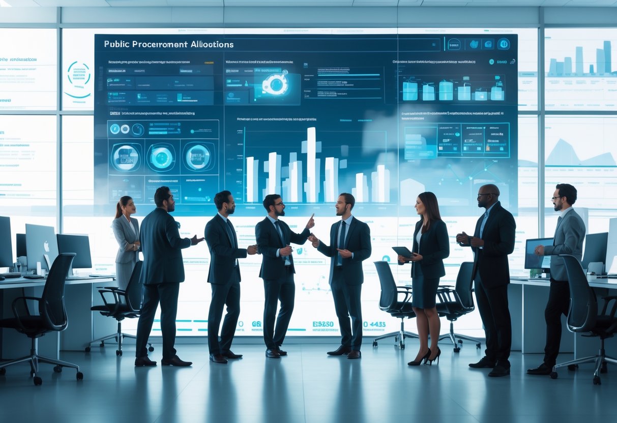 Des professionnels collaborant autour d'un écran numérique affichant des données complexes dans un bureau moderne.