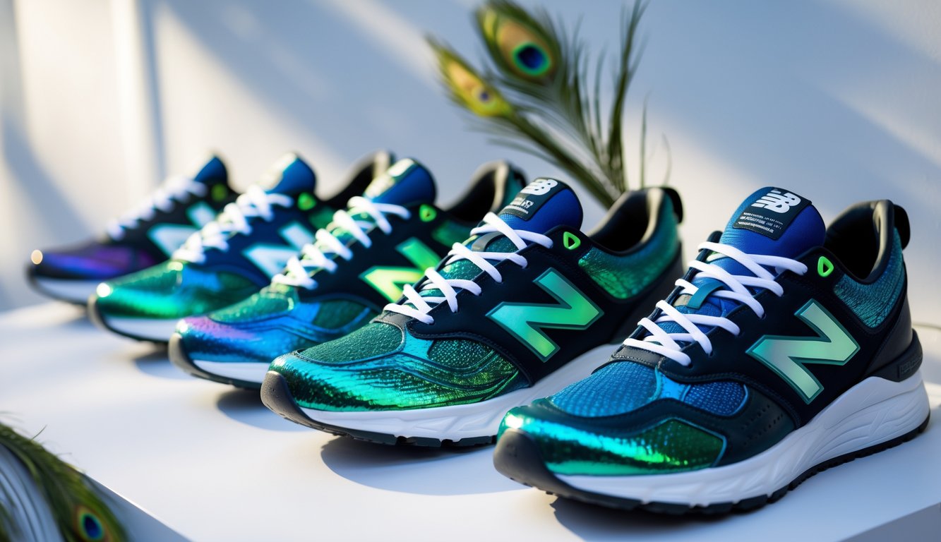 Beberapa pasang sepatu New Balance dengan warna dan pola seperti bulu merak, tersusun rapi di atas permukaan putih.